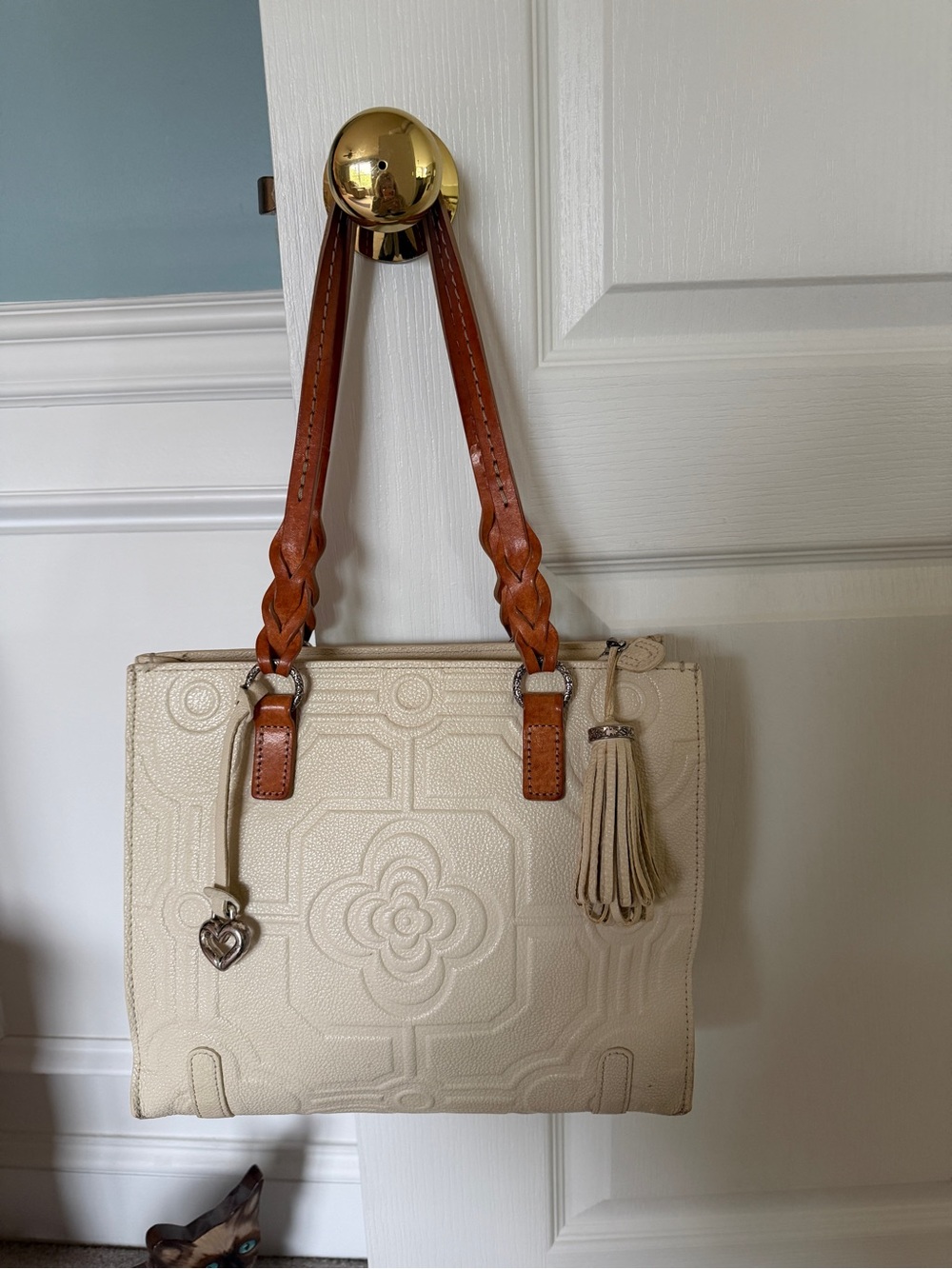 Brighton Cream Shoulder Bag with Tan Embossed Leather Handles all Leather